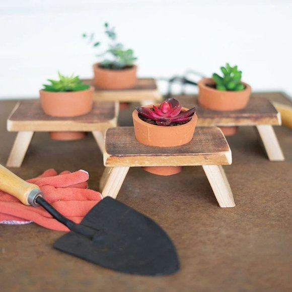 Set of 4 Recycled Wooden Risers with Recessed Terracotta Flower Pots - Picture 1 of 1